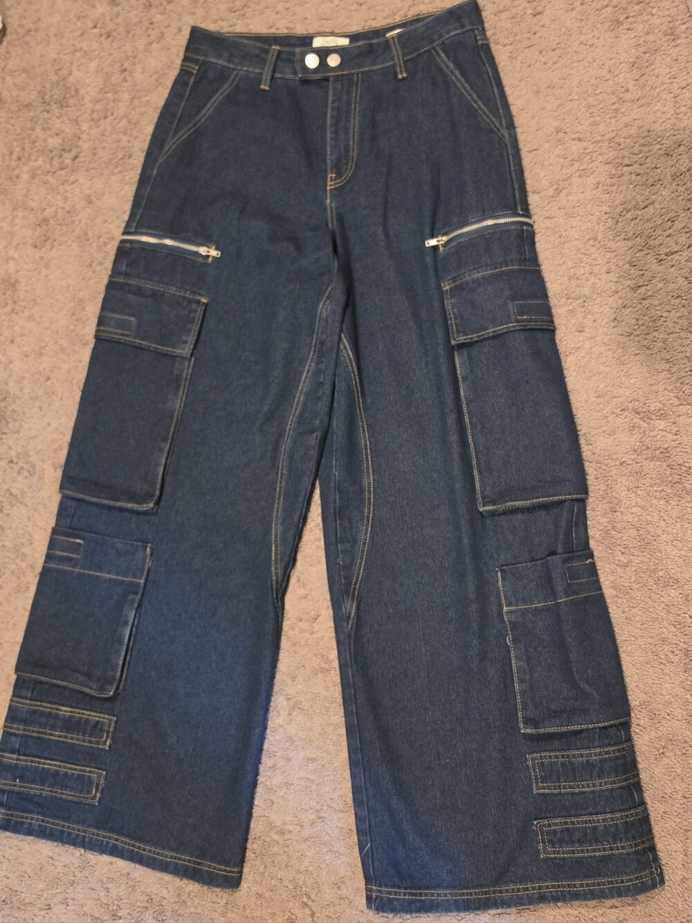 Dark Blue Wide-Leg Cargo Denim Jeans